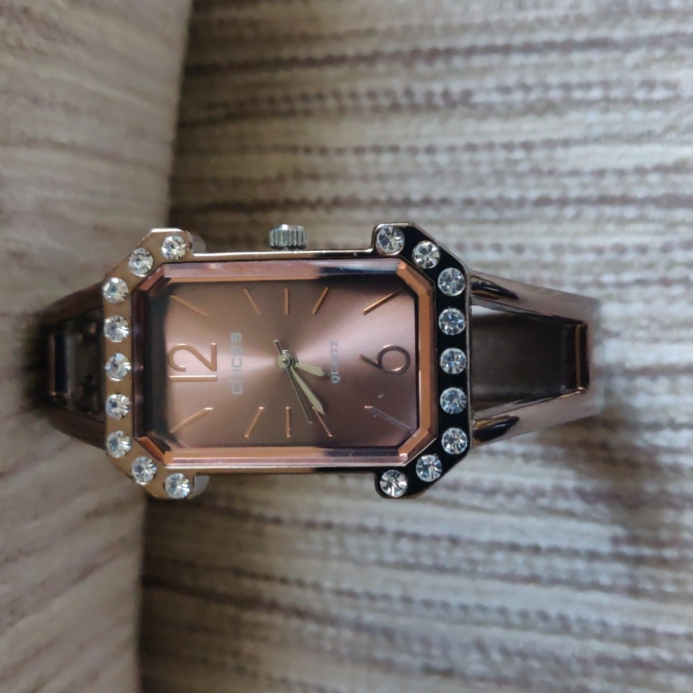 Chicos Rose/Copper Toned Fashion Cuff Quartz Watch With Rhinestone Accent
